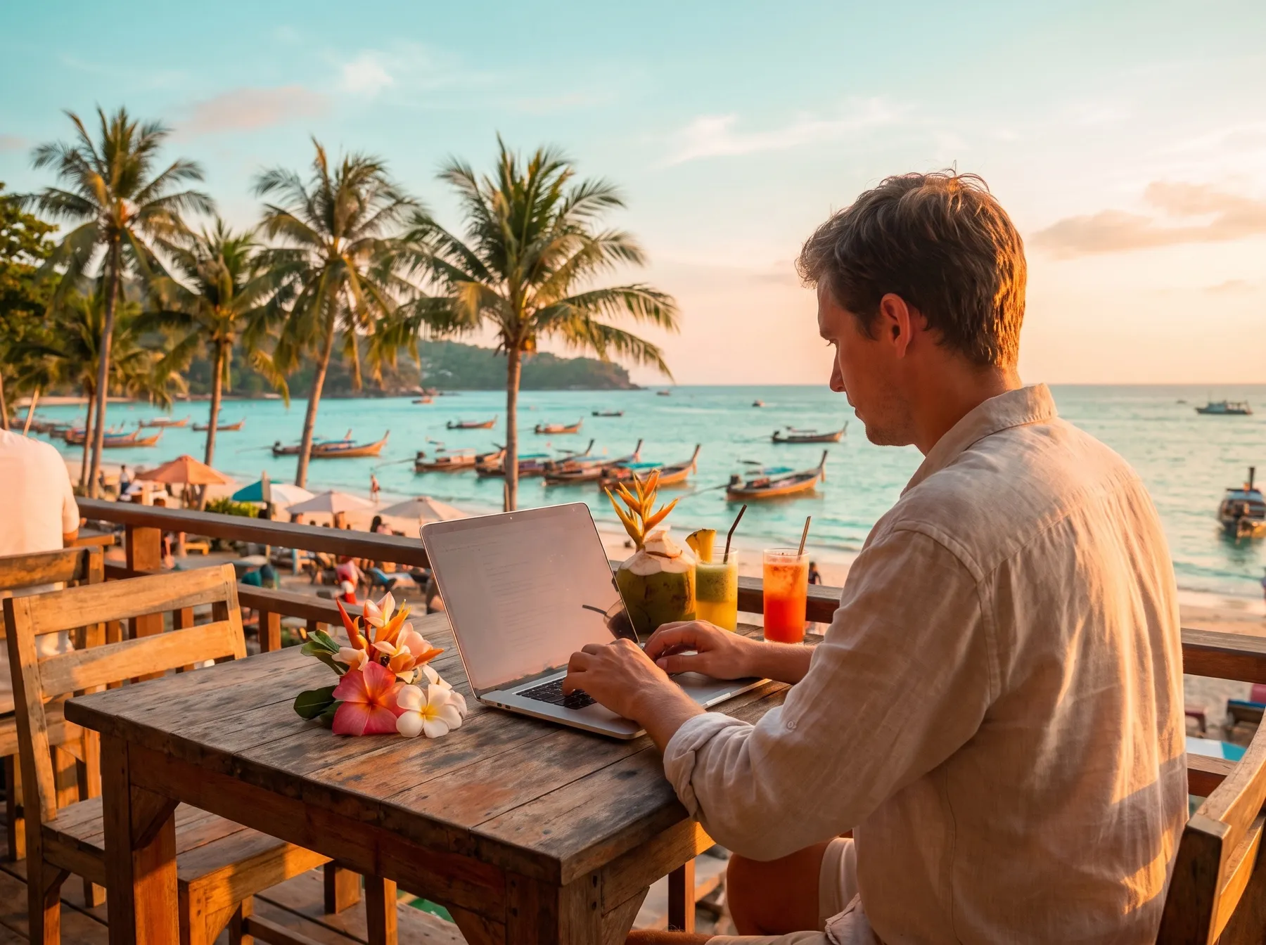 Working remotely on a laptop at a seaside terrace in Thailand with longtail boats behind