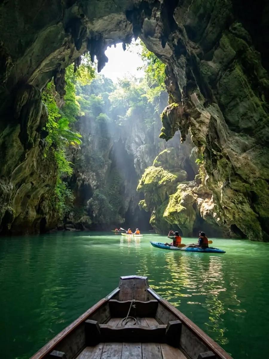 Kayakers in a cave lagoon